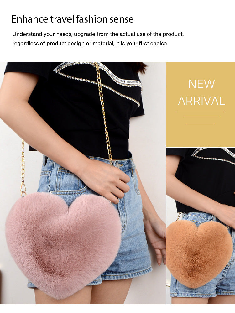 Heart Shaped Fluffy Shoulder Bag, Fashion Chain Crossbody Bag With Big Capacity For Women