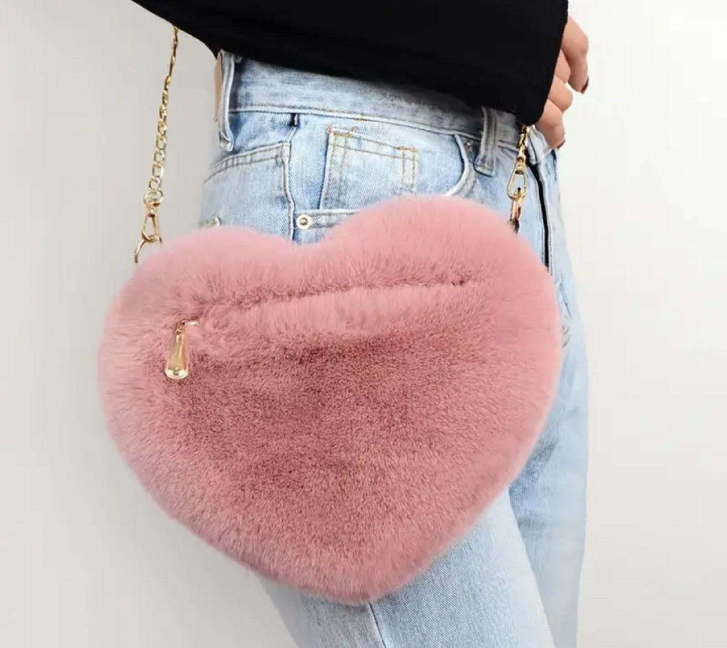 Heart Shaped Fluffy Shoulder Bag, Fashion Chain Crossbody Bag With Big Capacity For Women