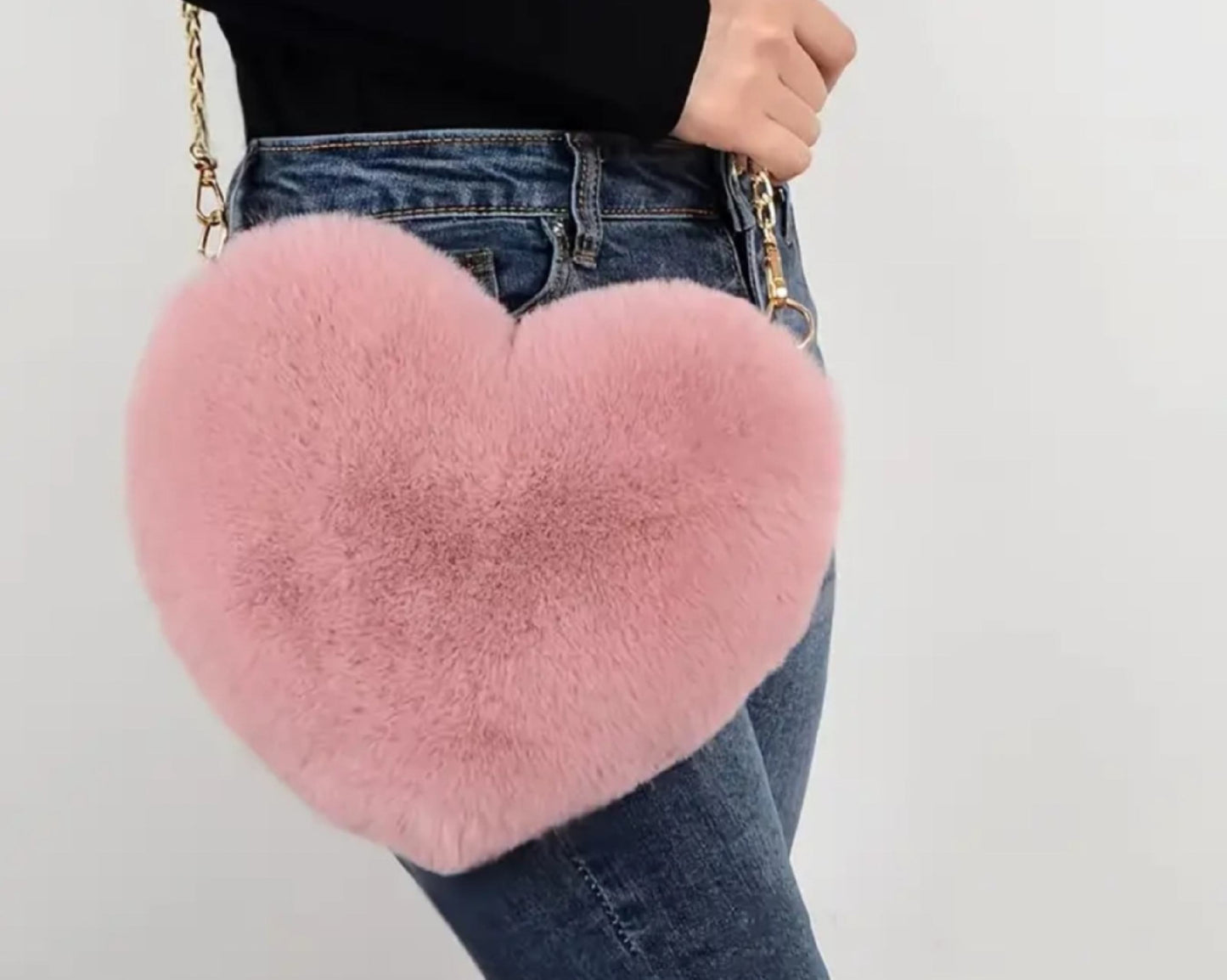 Heart Shaped Fluffy Shoulder Bag, Fashion Chain Crossbody Bag With Big Capacity For Women