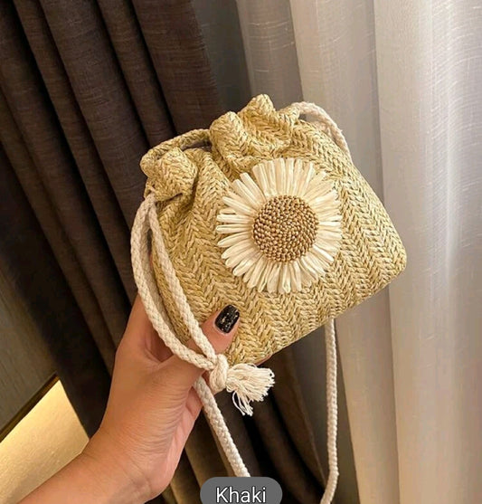 Floral Straw Handbag With Drawstring
