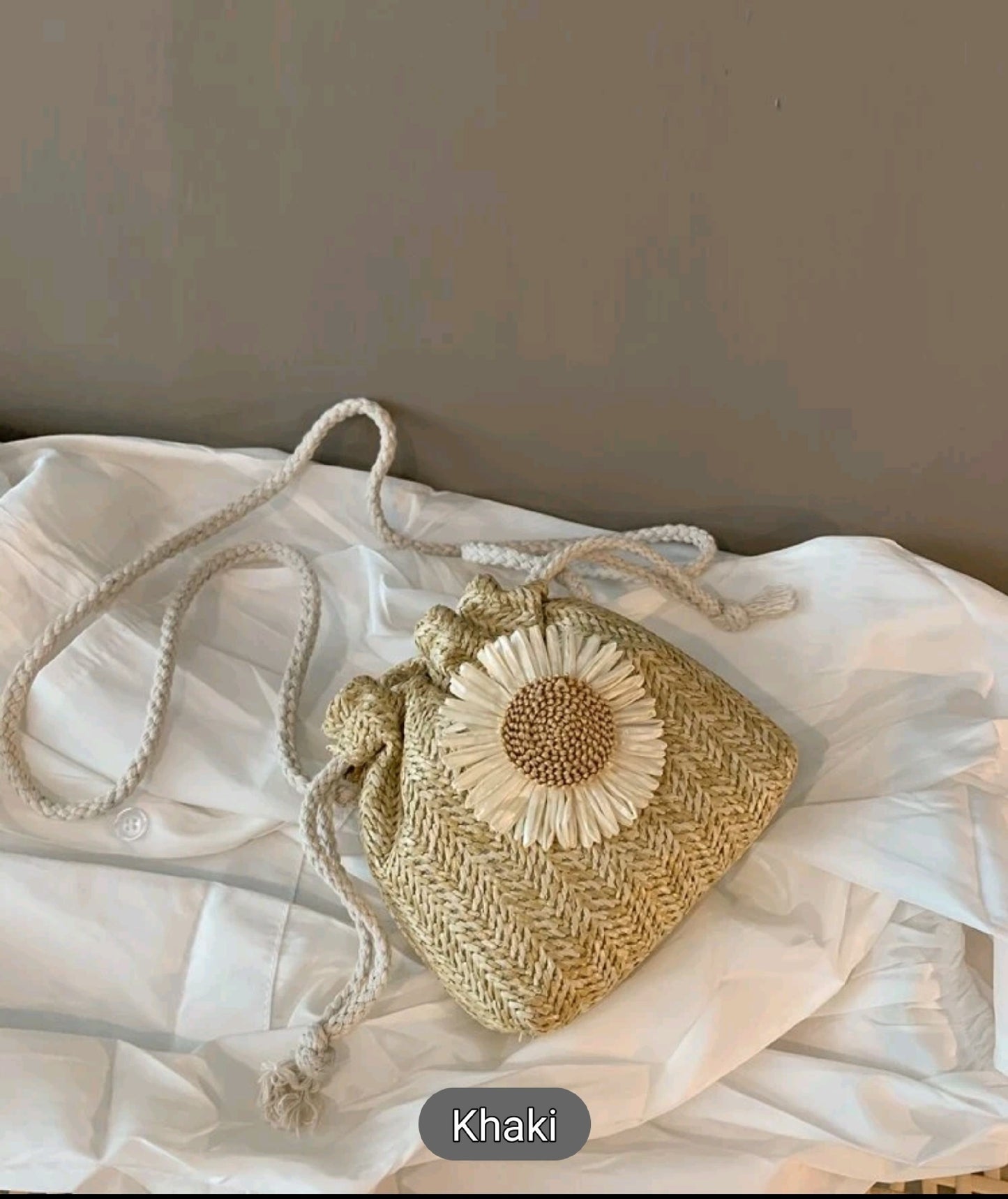 Floral Straw Handbag With Drawstring