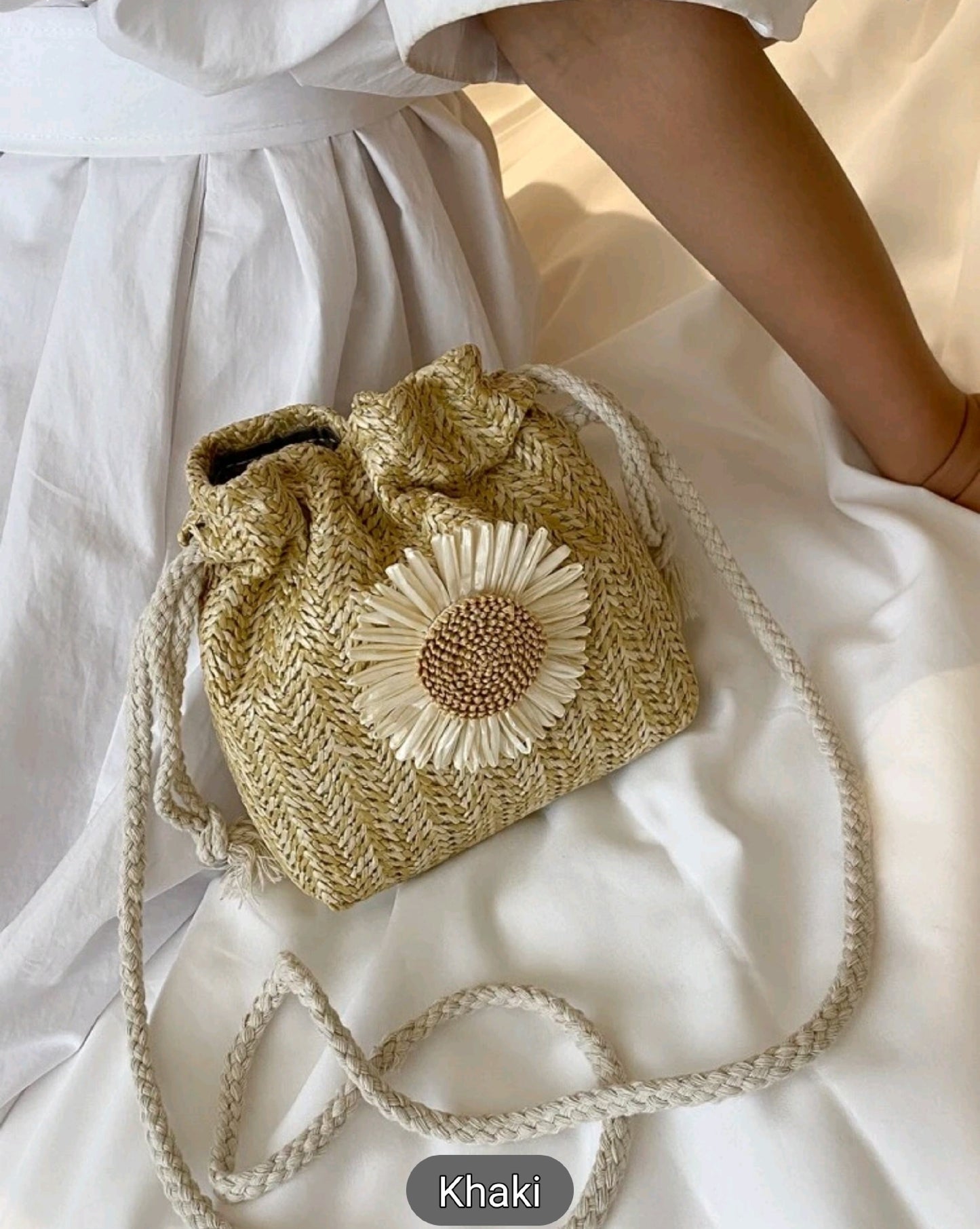 Floral Straw Handbag With Drawstring